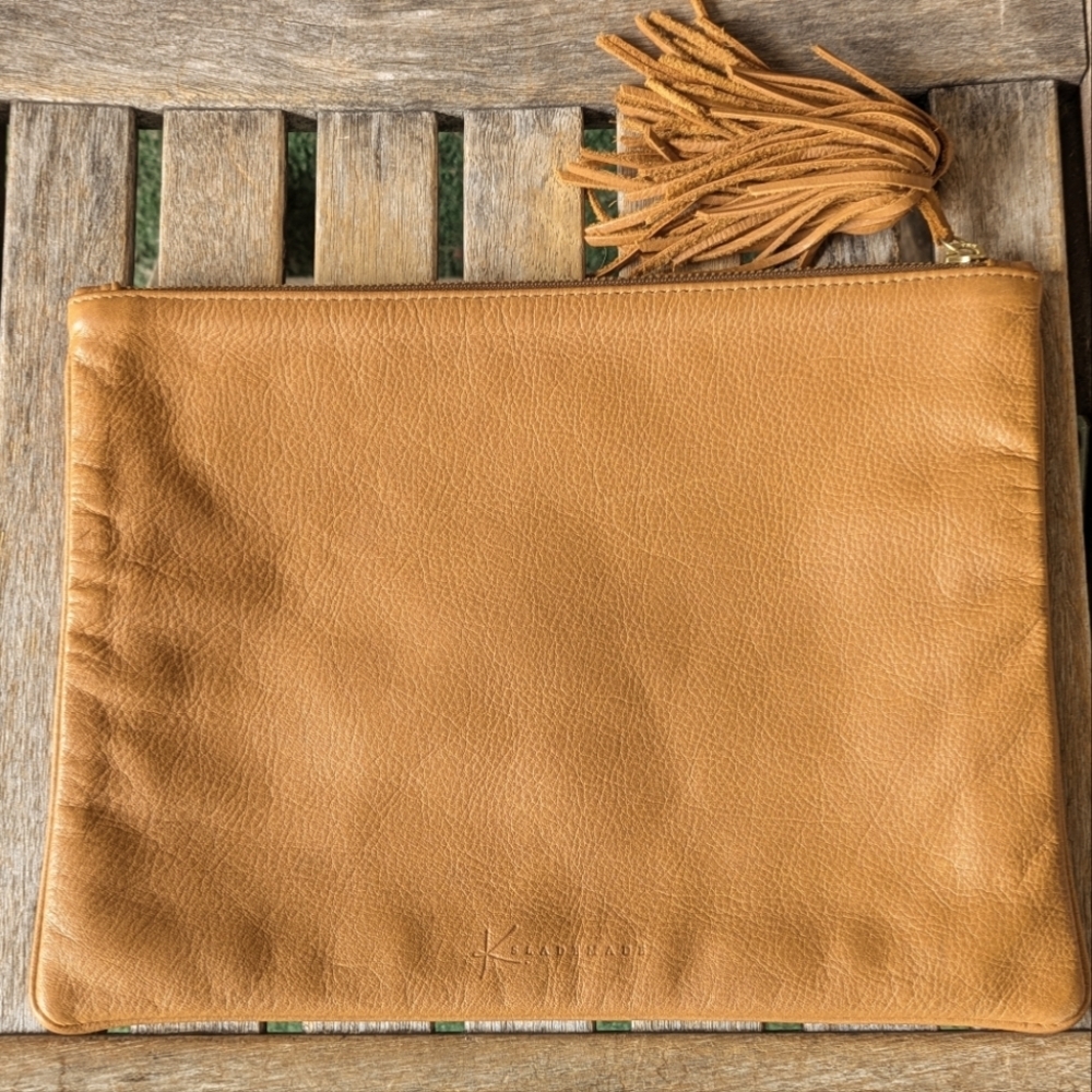 K. Slade Made Tan Leather Tassel Clutch 12" x 9" - Picture 3 of 6